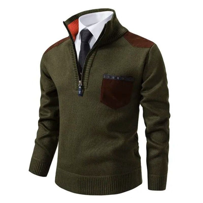 Men's knitted jumper with half-zip mock neck, chest pocket and shoulder panels