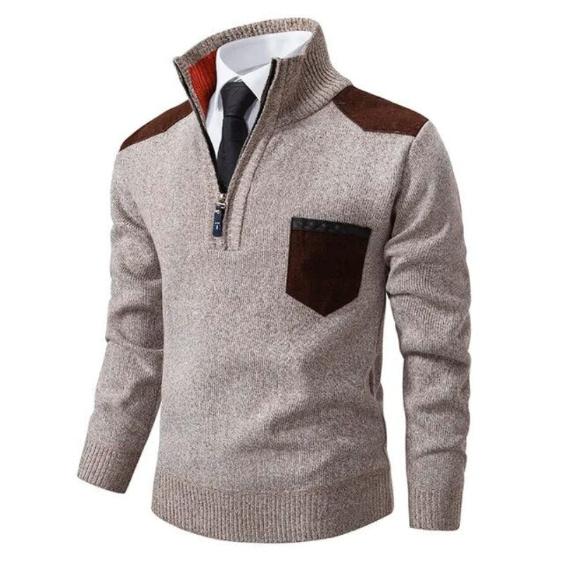 Men's knitted jumper with half-zip mock neck, chest pocket and shoulder panels