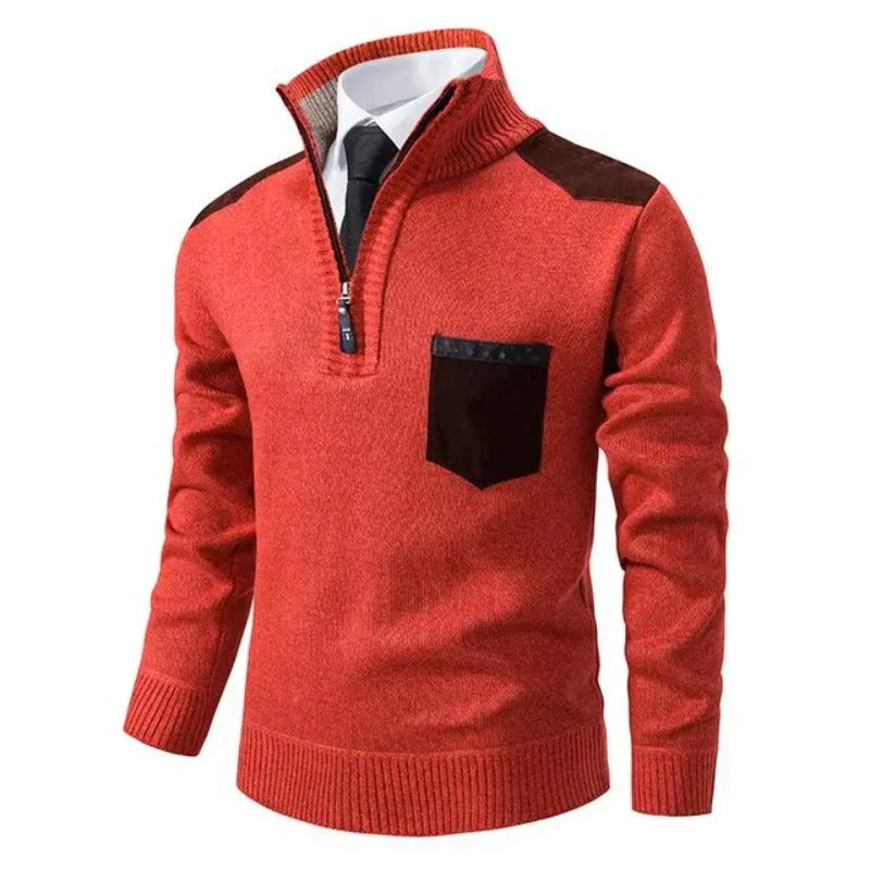 Men's knitted jumper with half-zip mock neck, chest pocket and shoulder panels