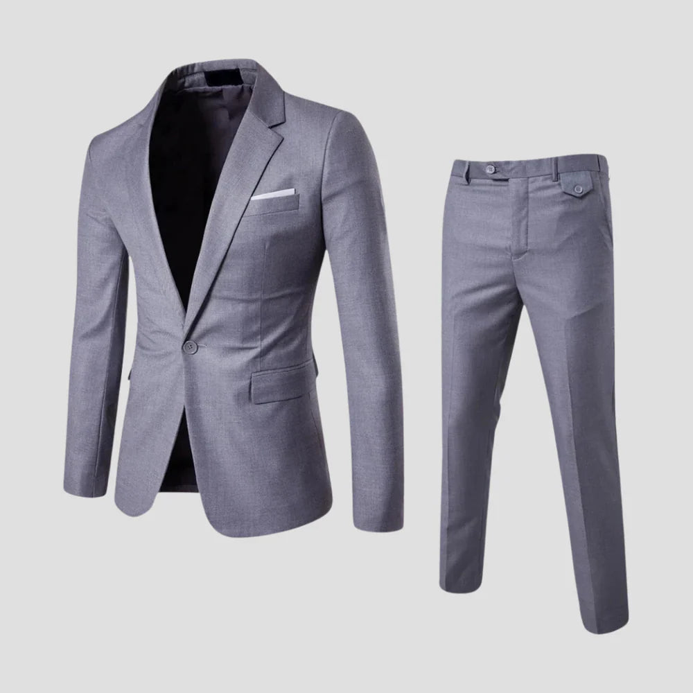 Men's slim fit two-piece suit with notched lapels and matching trousers