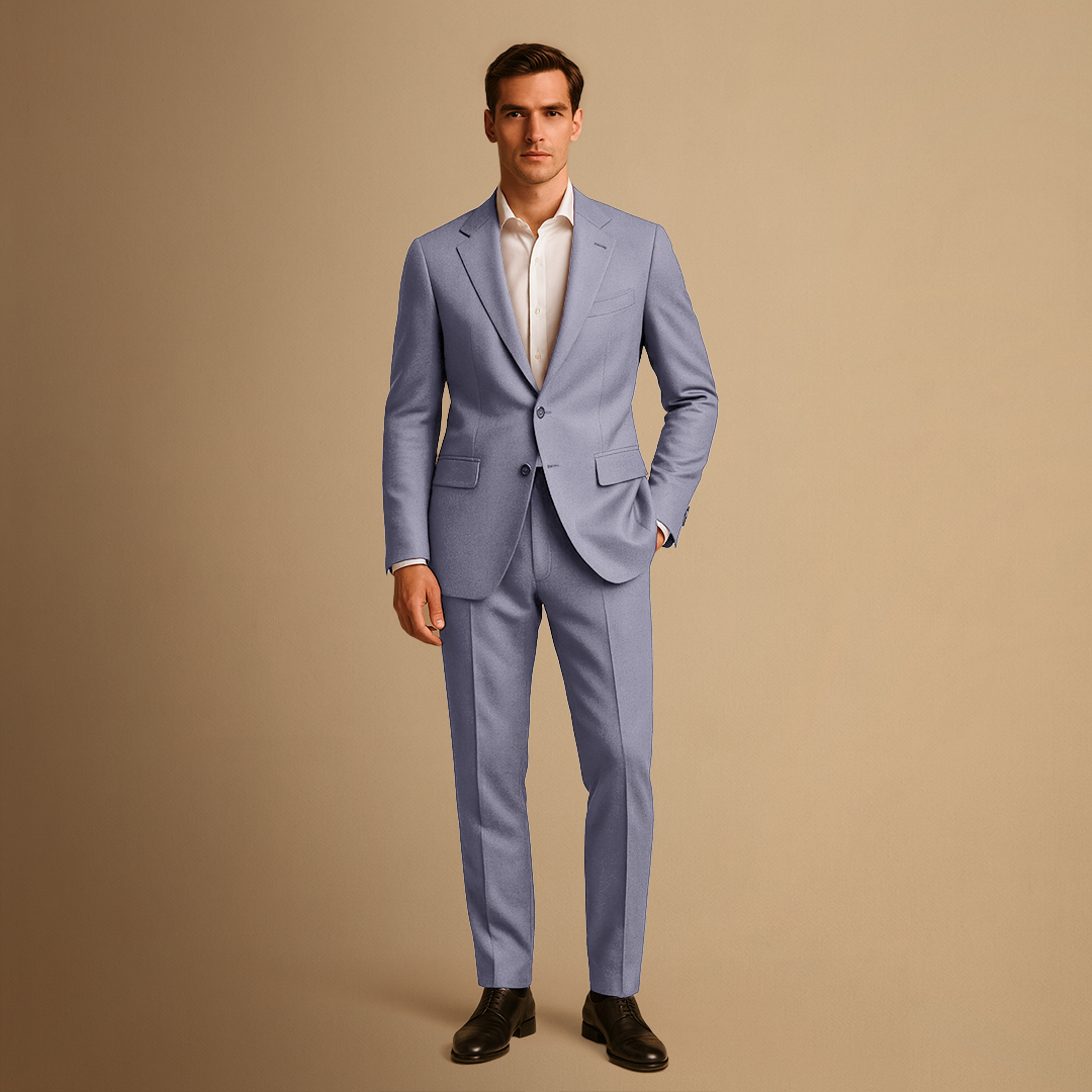 Men's slim fit two-piece suit with notched lapels and matching trousers