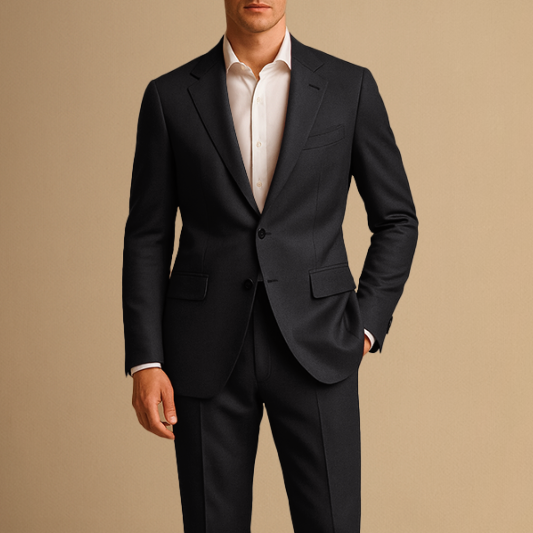 Men's slim fit two-piece suit with notched lapels and matching trousers