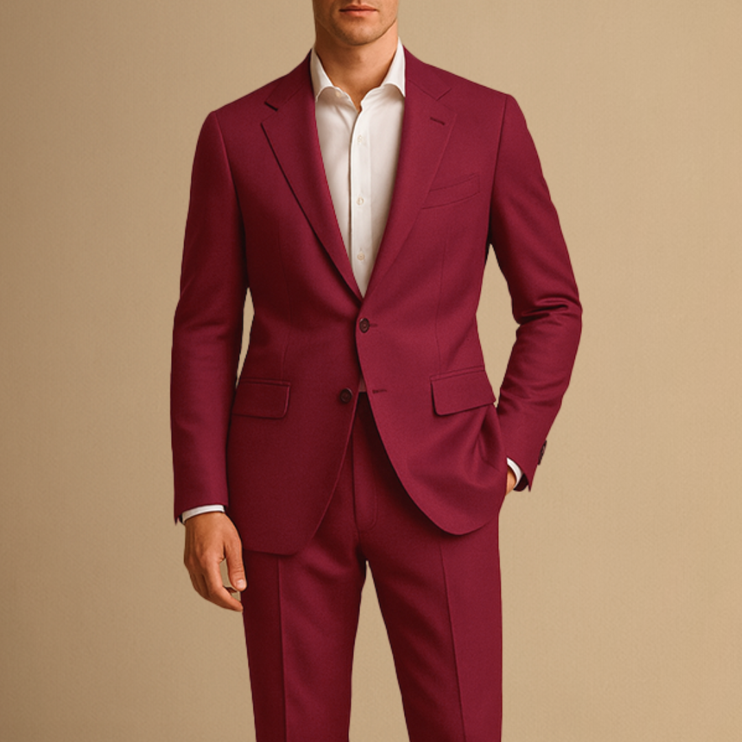 Men's slim fit two-piece suit with notched lapels and matching trousers