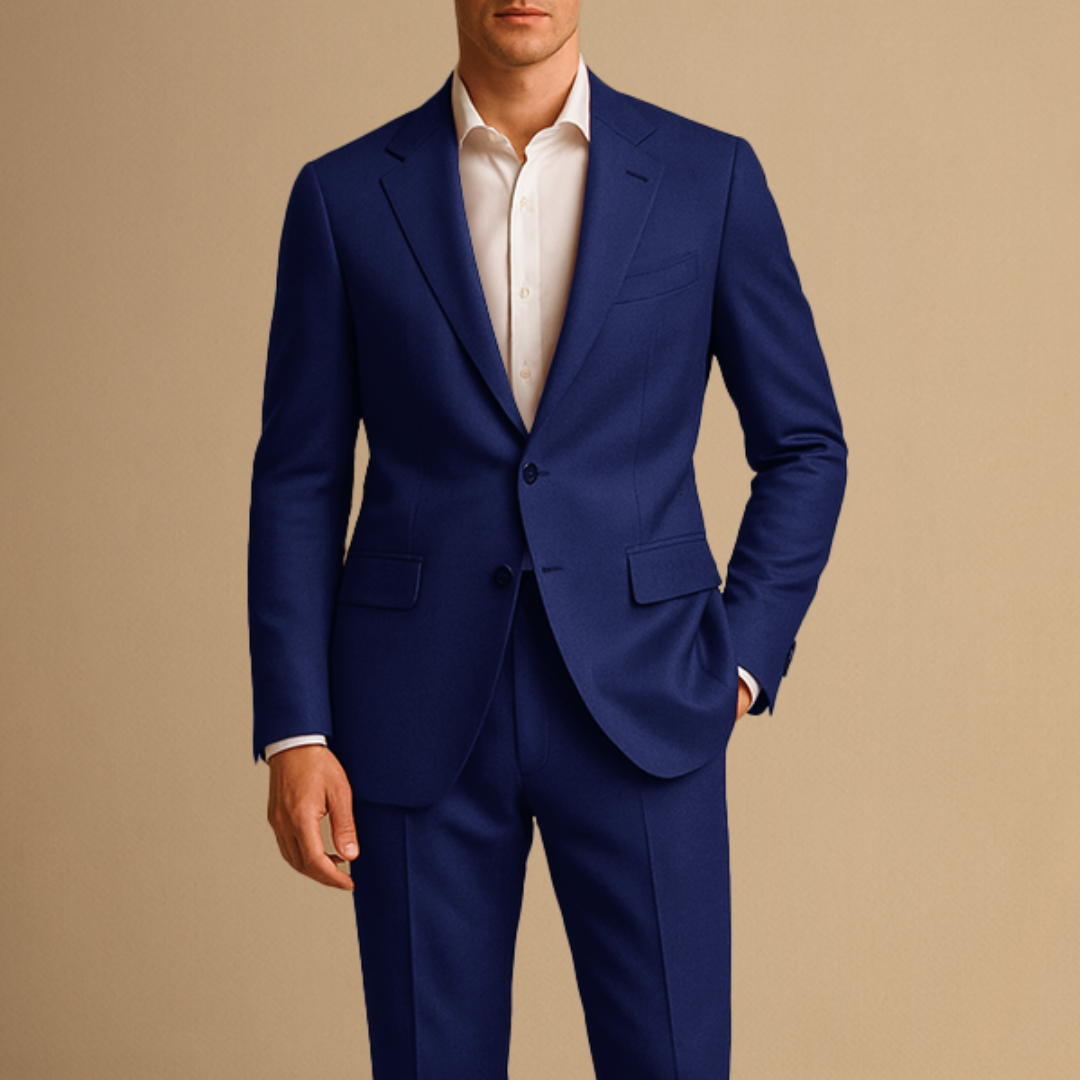 Men's slim fit two-piece suit with notched lapels and matching trousers