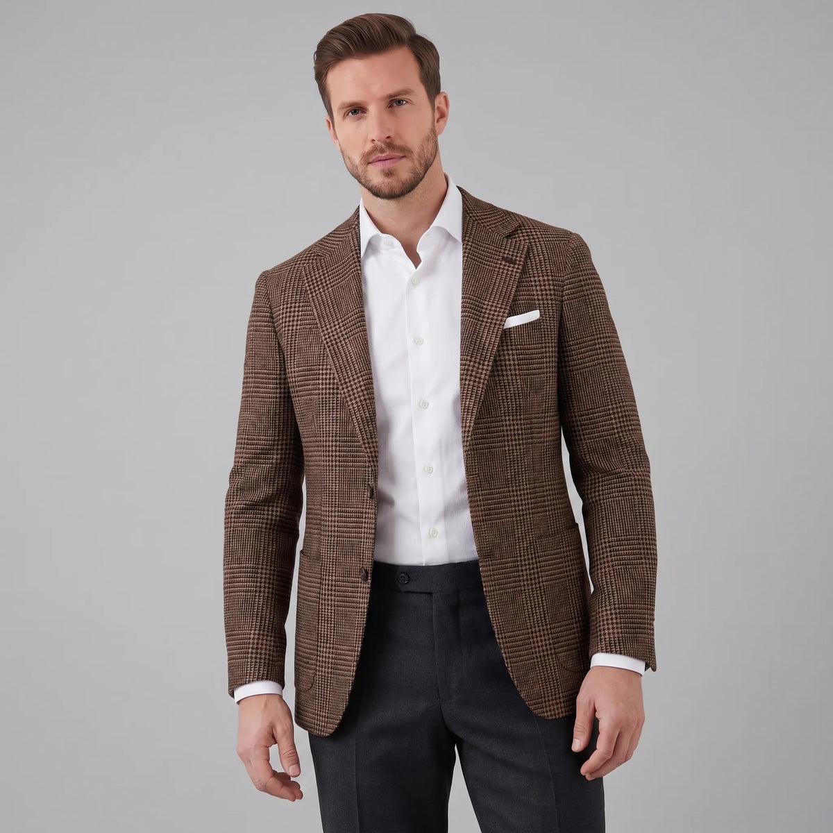 Men's checked single-breasted blazer with notched lapels and long sleeves