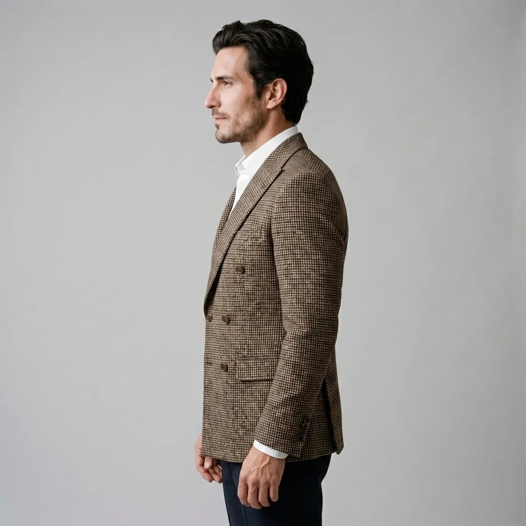 Men's checked double-breasted blazer with notched lapels and long sleeves