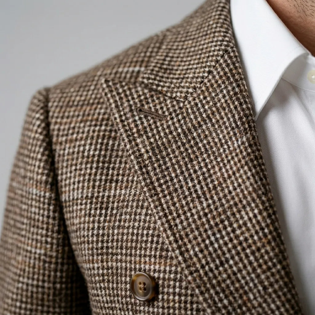 Men's checked double-breasted blazer with notched lapels and long sleeves