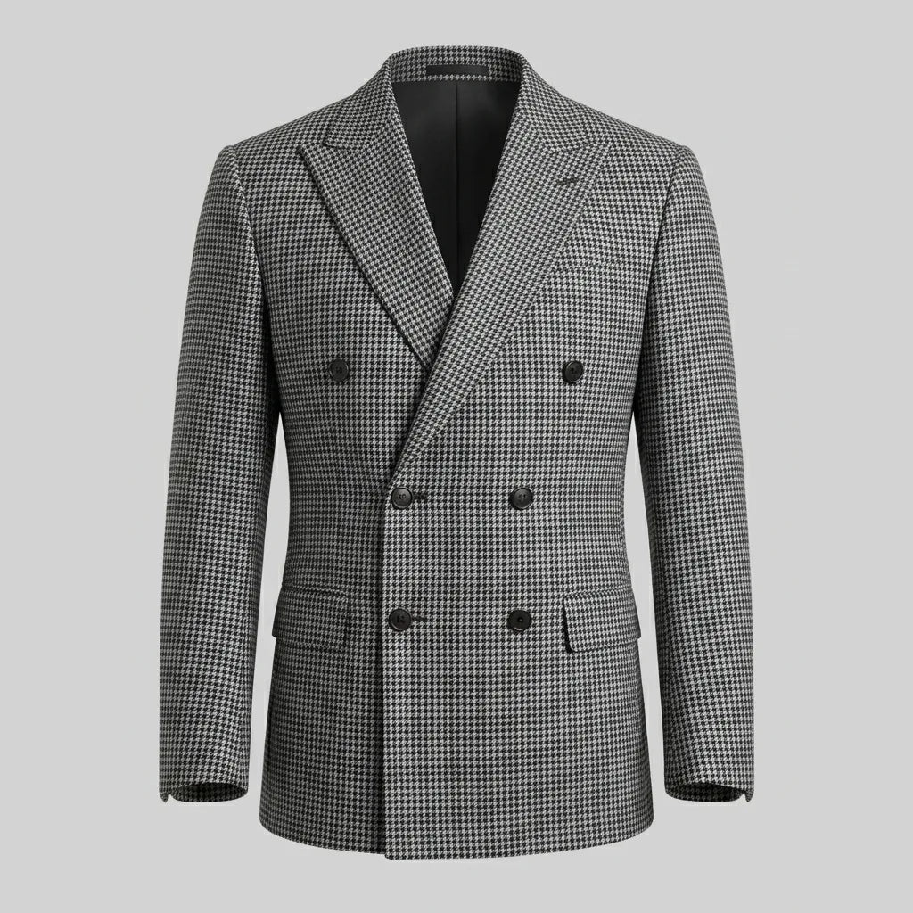 Men's checked double-breasted blazer with notched lapels and long sleeves