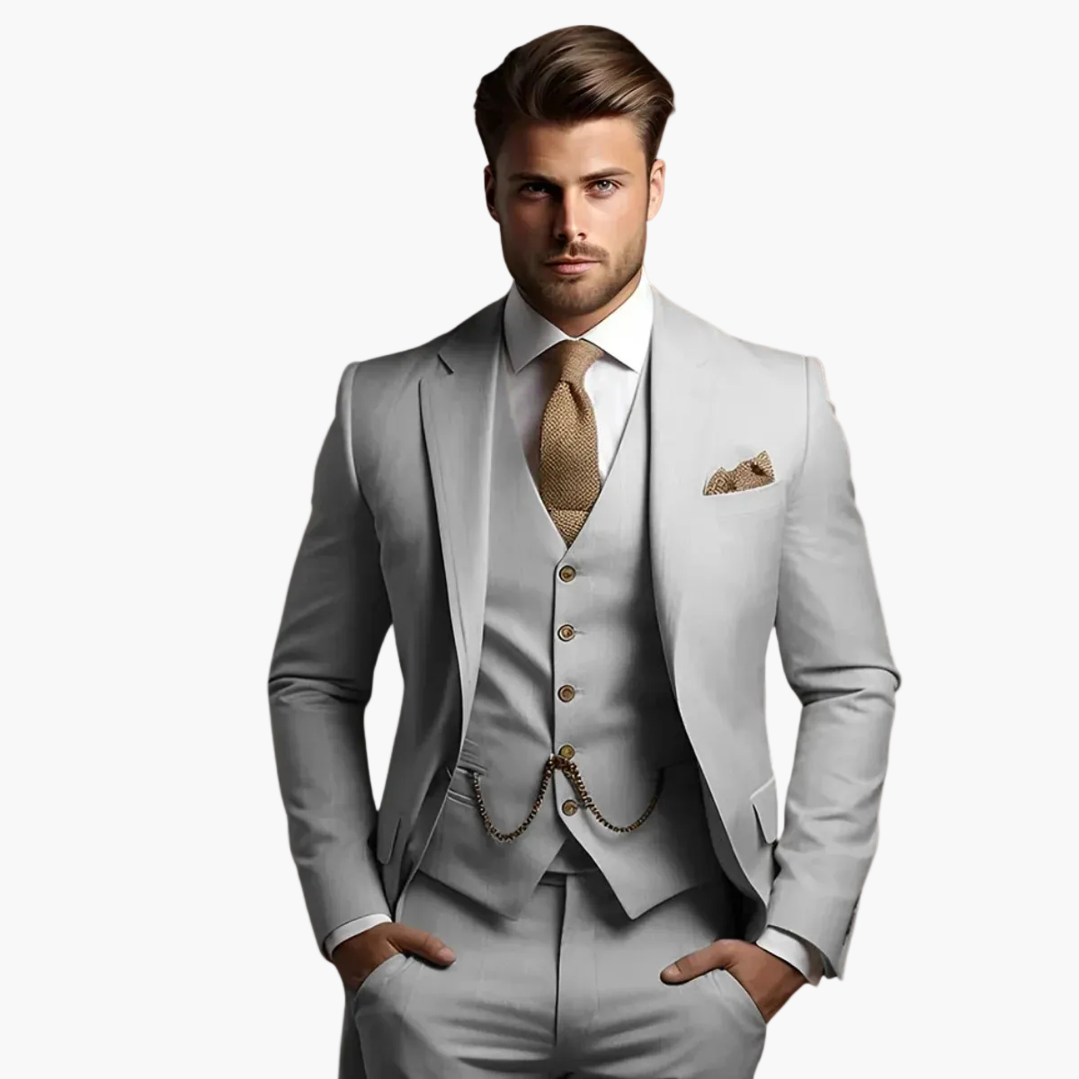 Men's three-piece slim fit suit with notch lapels, buttoned waistcoat and matching trousers
