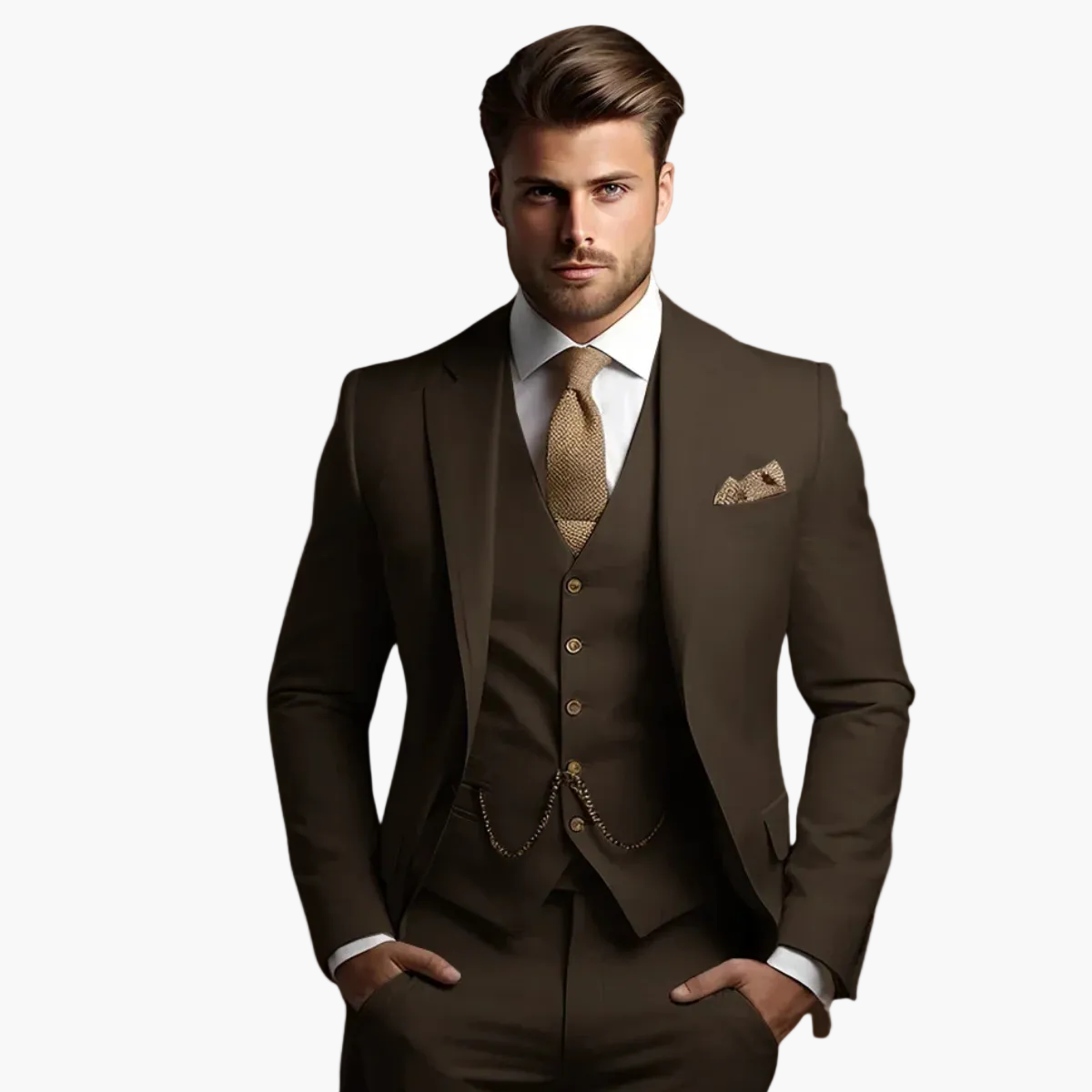 Men's three-piece slim fit suit with notch lapels, buttoned waistcoat and matching trousers