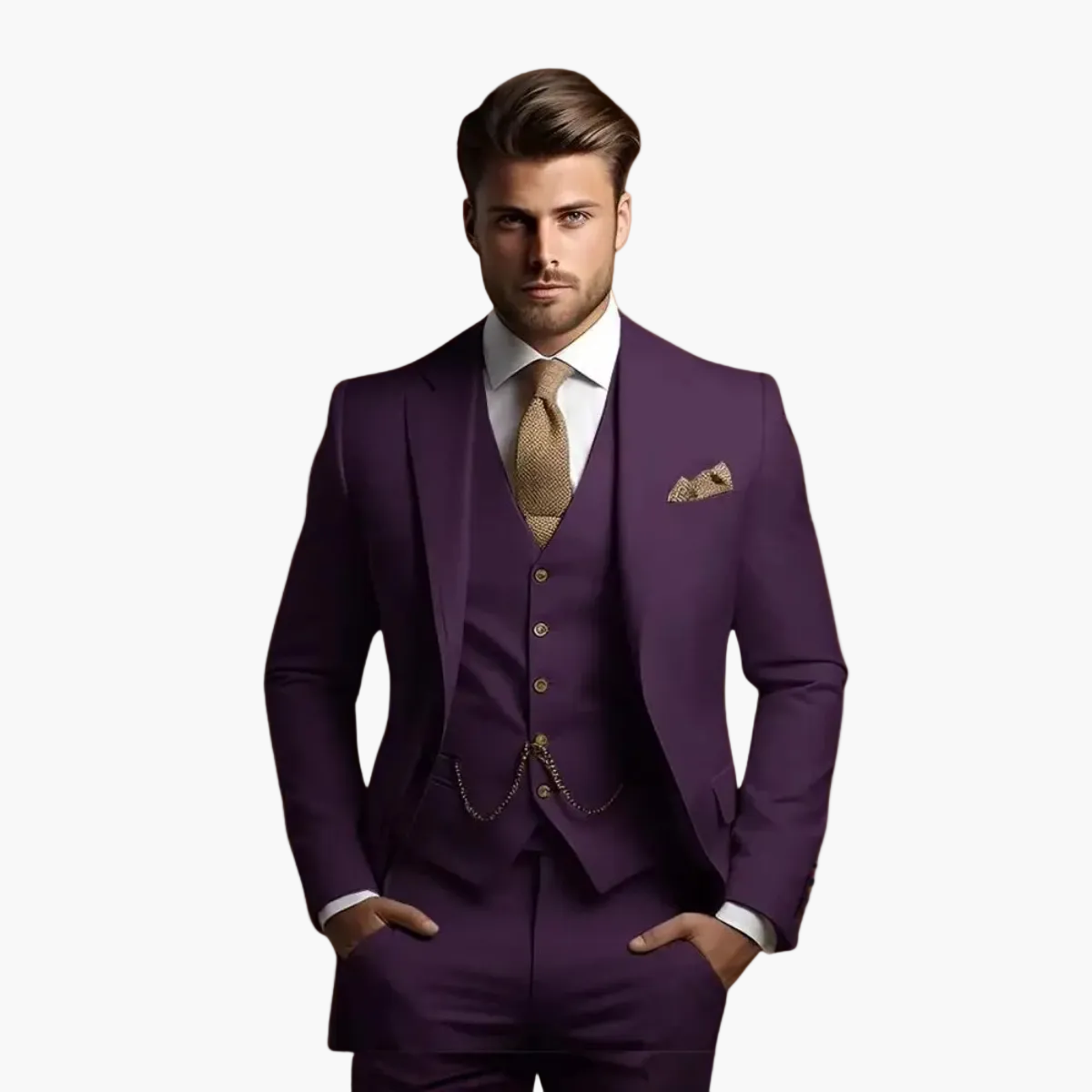 Men's three-piece slim fit suit with notch lapels, buttoned waistcoat and matching trousers