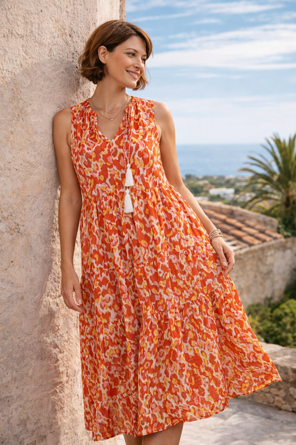Women’s Floral Tiered Midi Dress | Sunset Coral