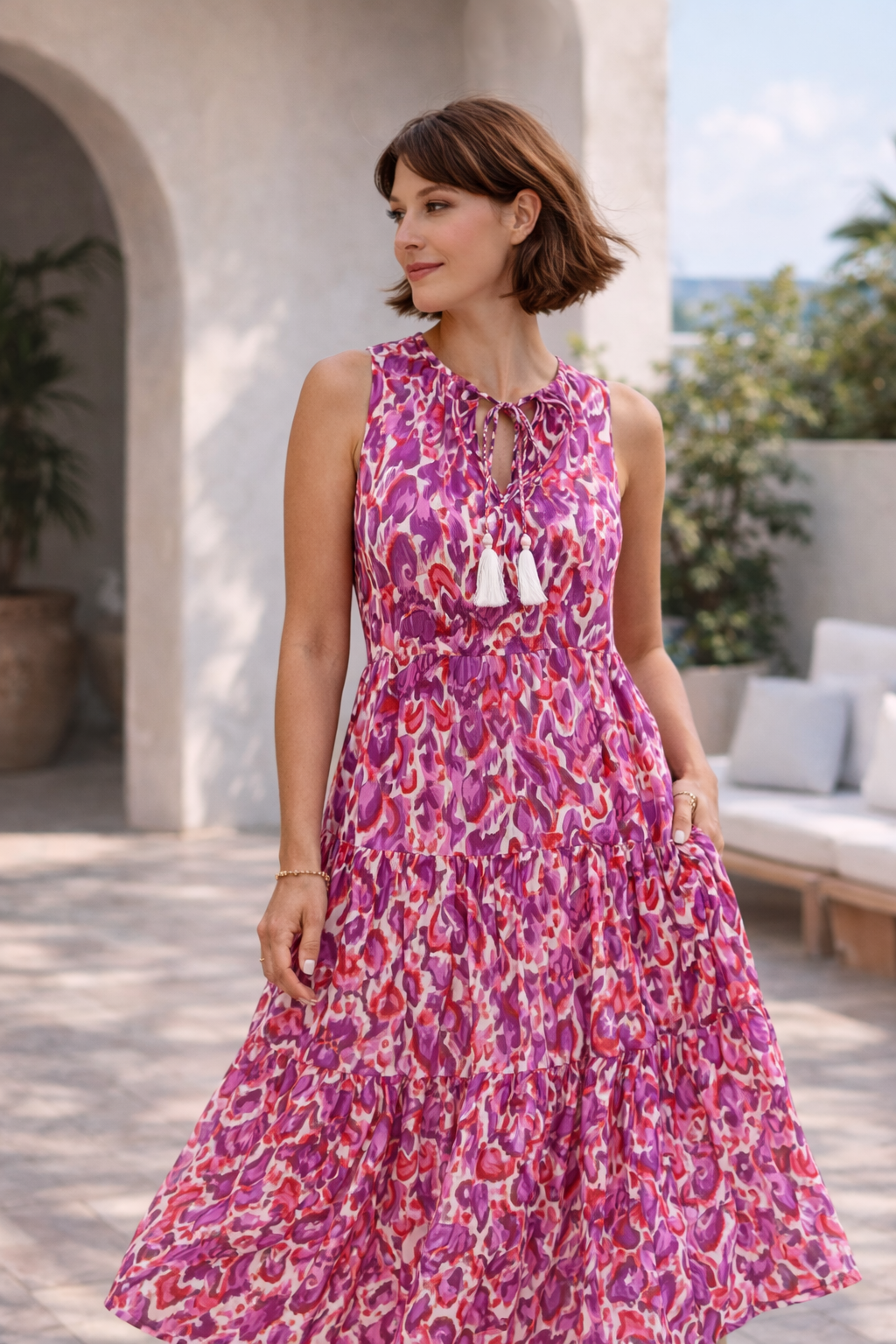 Women’s Floral Tiered Midi Dress | Pink Bloom