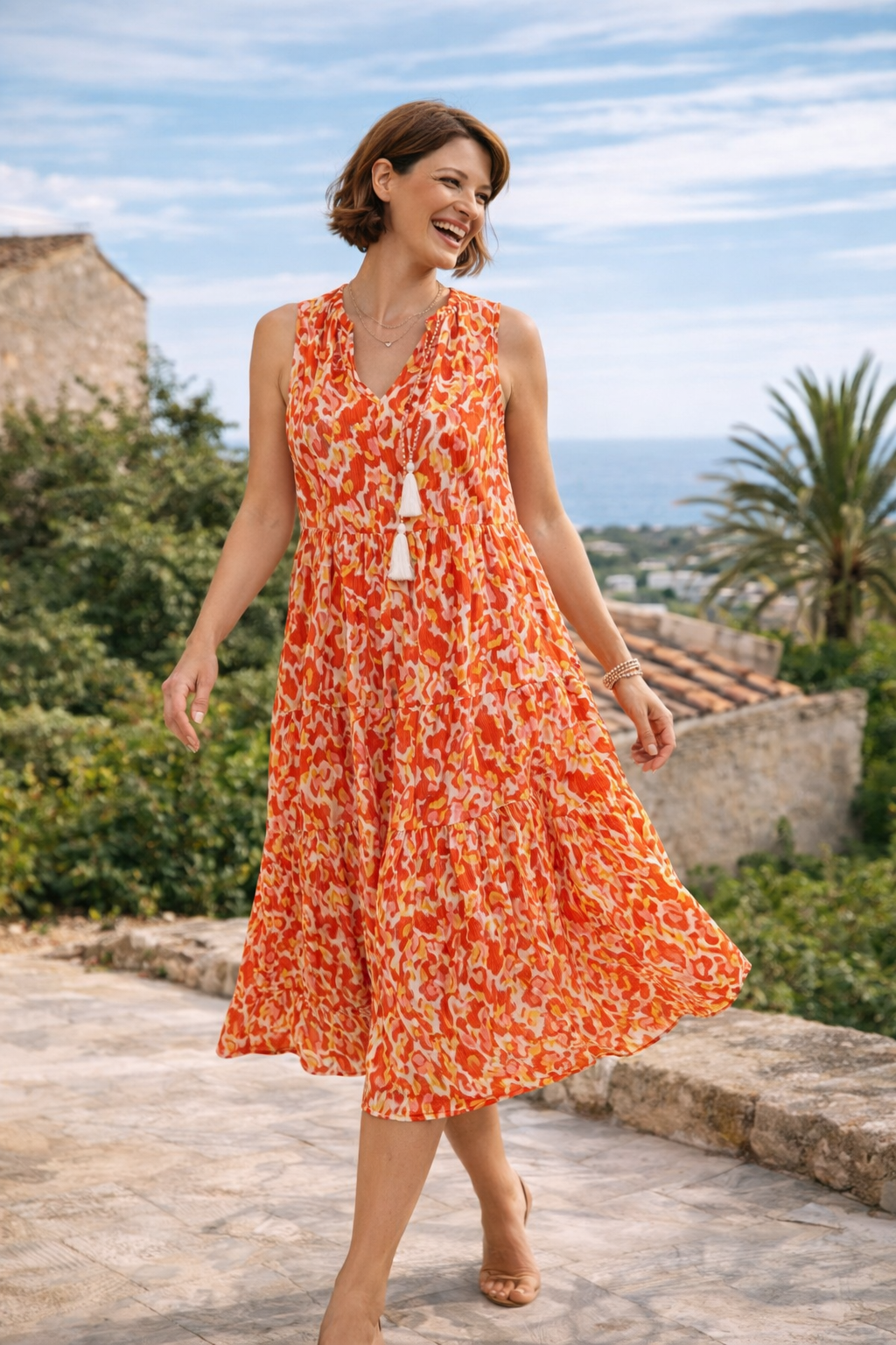 Women’s Floral Tiered Midi Dress | Sunset Coral