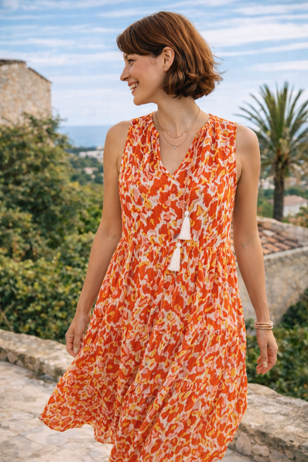 Women’s Floral Tiered Midi Dress | Sunset Coral