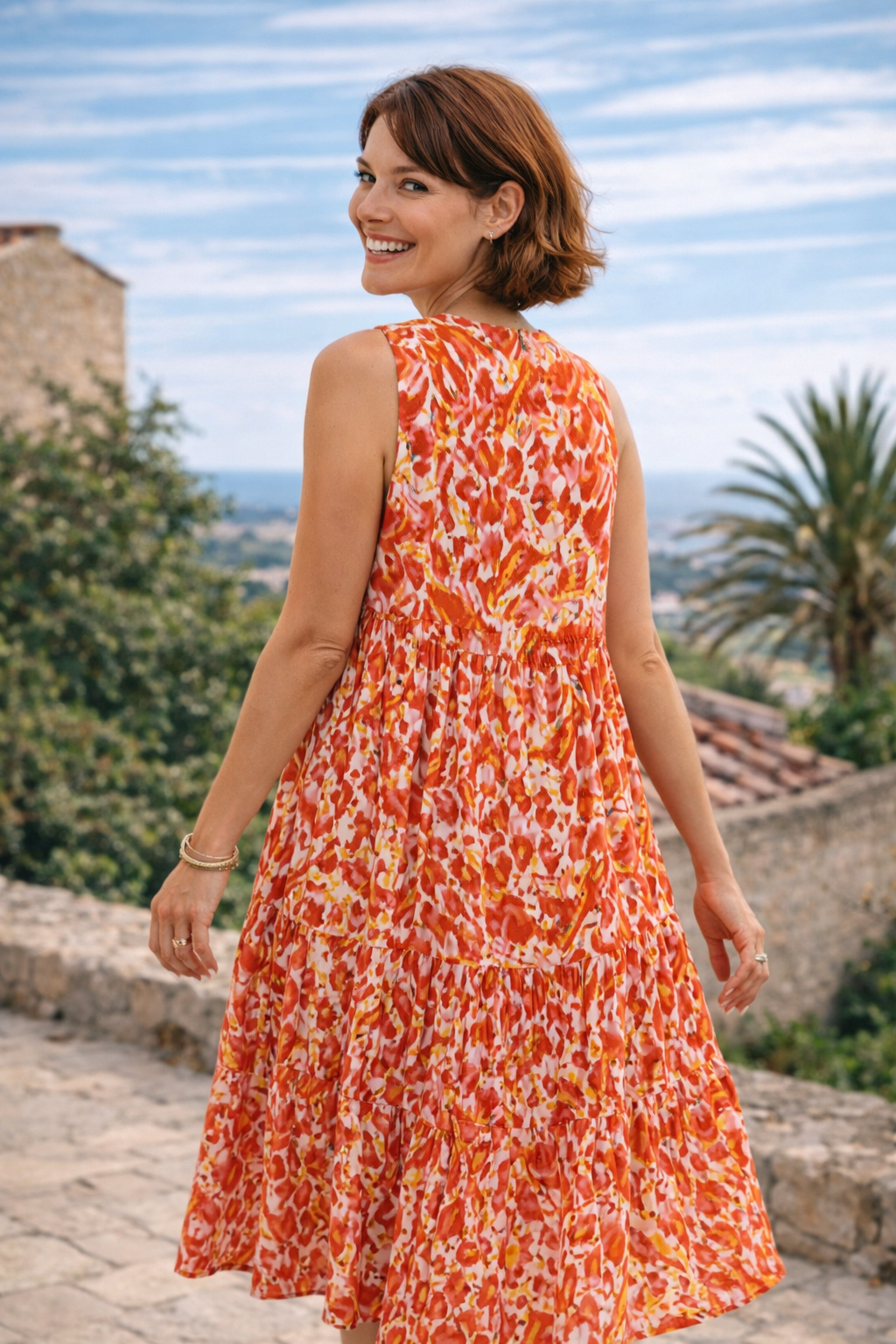 Women’s Floral Tiered Midi Dress | Sunset Coral