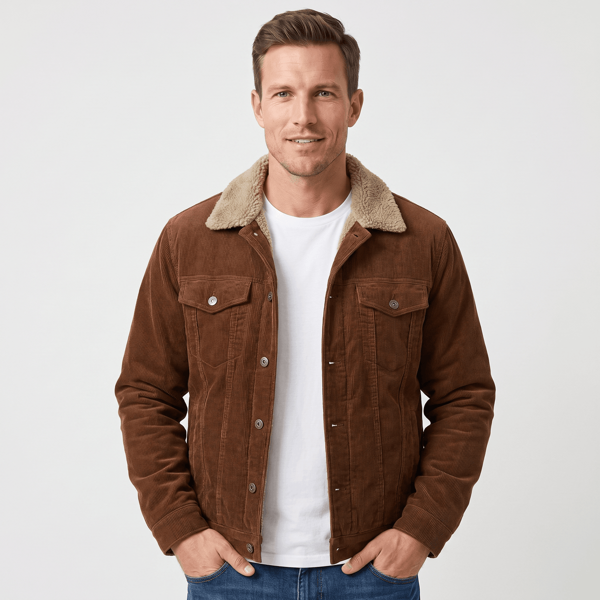 Men's corduroy jacket with sherpa-lined collar, long sleeves and buttoned pockets