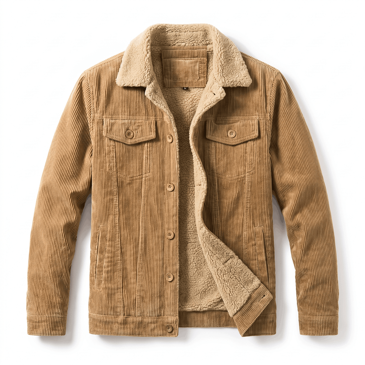 Men's corduroy jacket with sherpa-lined collar, long sleeves and buttoned pockets