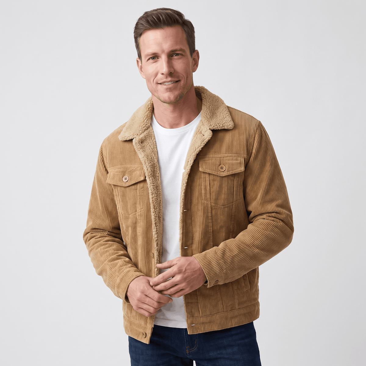 Men's corduroy jacket with sherpa-lined collar, long sleeves and buttoned pockets