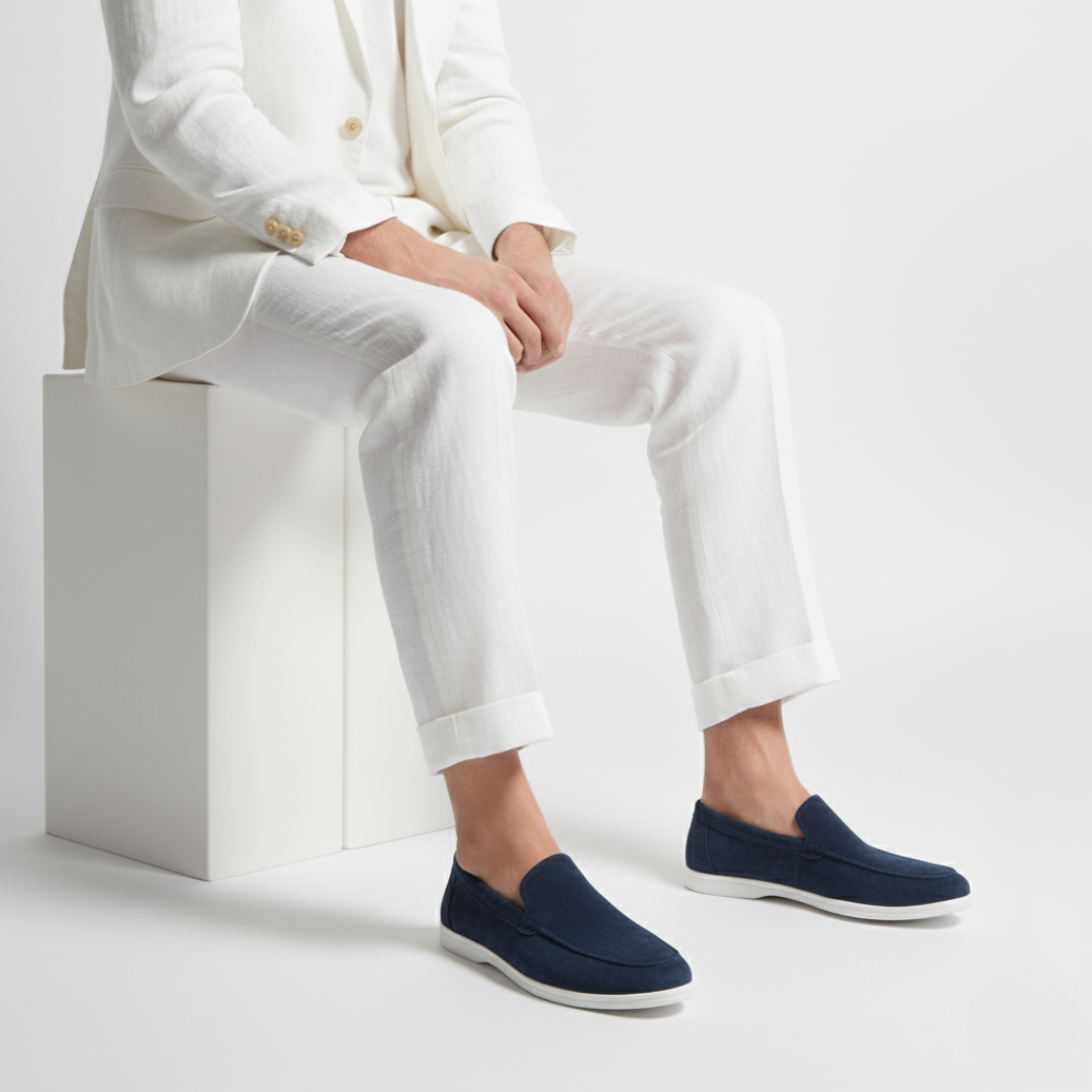 Men's slip-on loafers with rounded toes, textured uppers and flat white soles