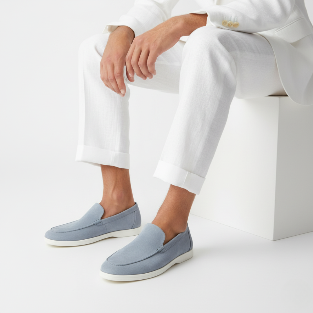 Men's slip-on loafers with rounded toes, textured uppers and flat white soles
