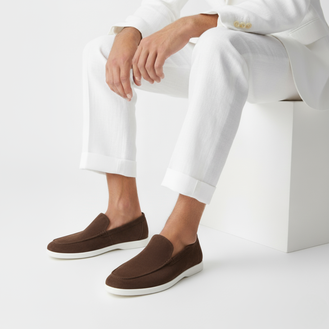 Men's slip-on loafers with rounded toes, textured uppers and flat white soles