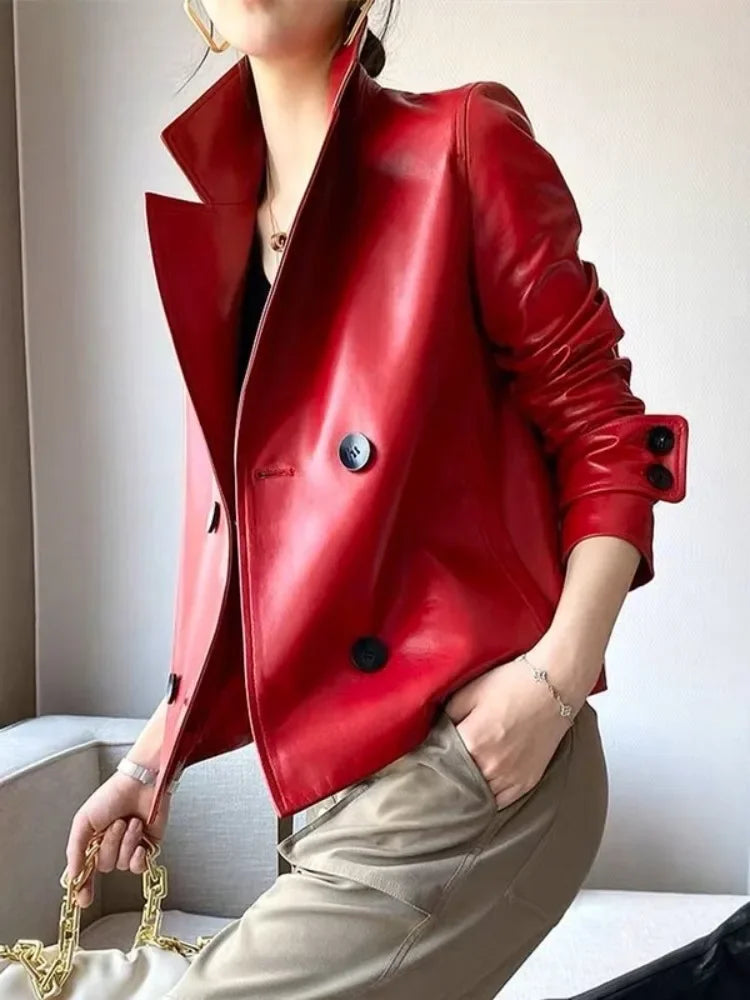Women's red double-breasted jacket with wide collar and long sleeves