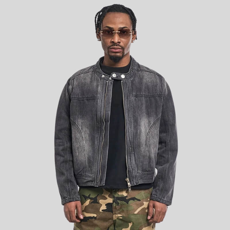 Men's grey washed moto denim jacket with stand collar and zip front