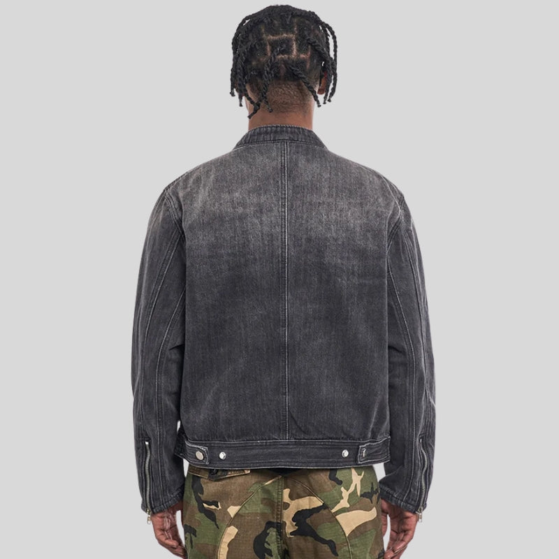 Men's grey washed moto denim jacket with stand collar and zip front