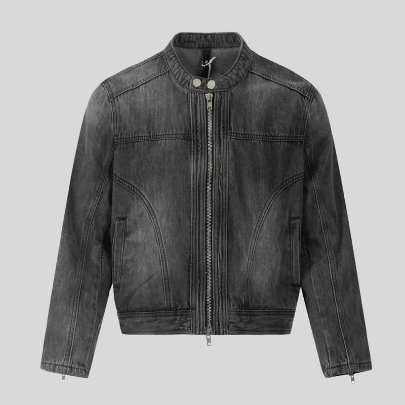 Men's grey washed moto denim jacket with stand collar and zip front
