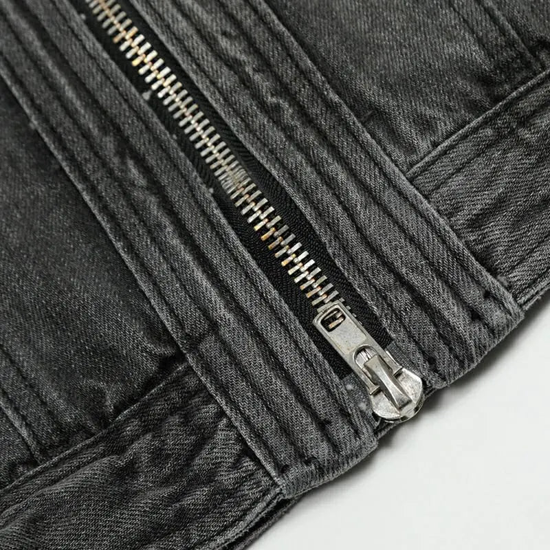 Men's grey washed moto denim jacket with stand collar and zip front