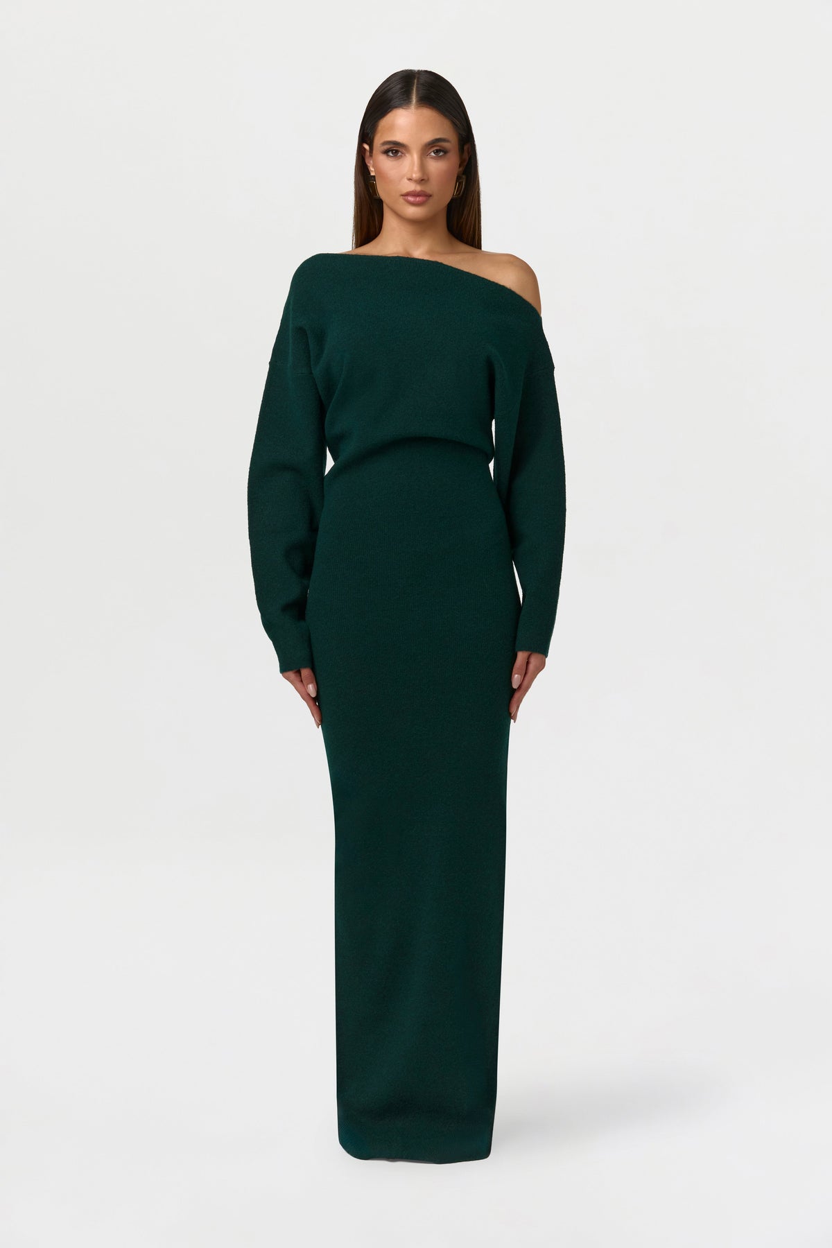 Women's asymmetric off-shoulder knit maxi dress with long sleeves
