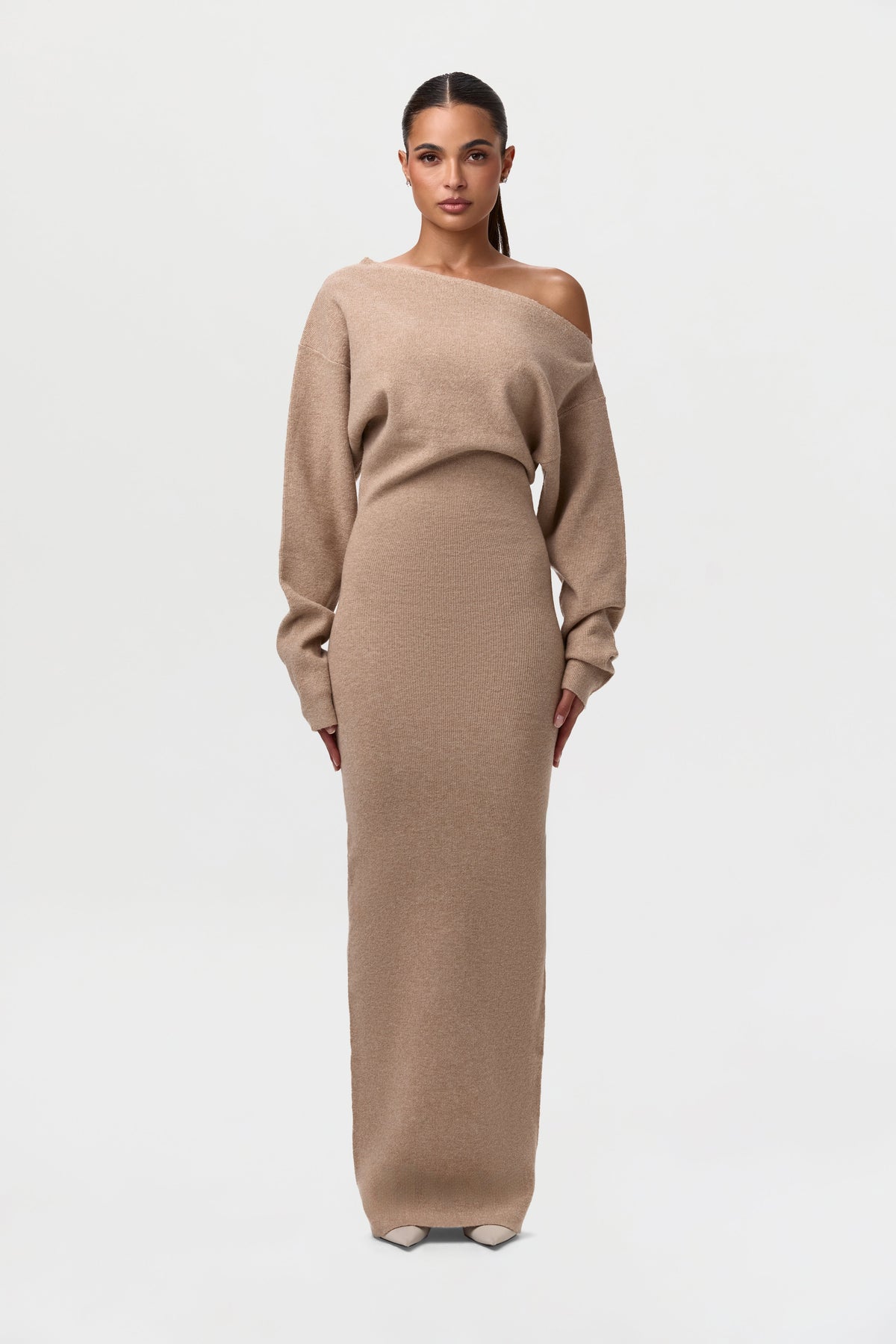 Women's asymmetric off-shoulder knit maxi dress with long sleeves