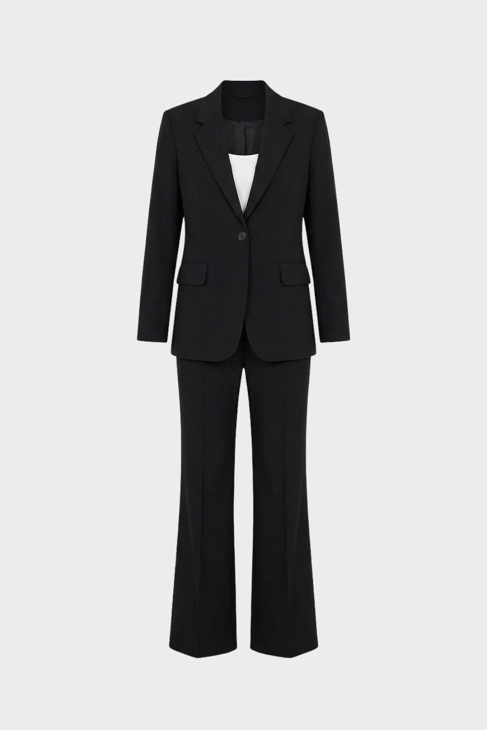 Women's two-piece suit set with notched-lapel blazer and flared trousers