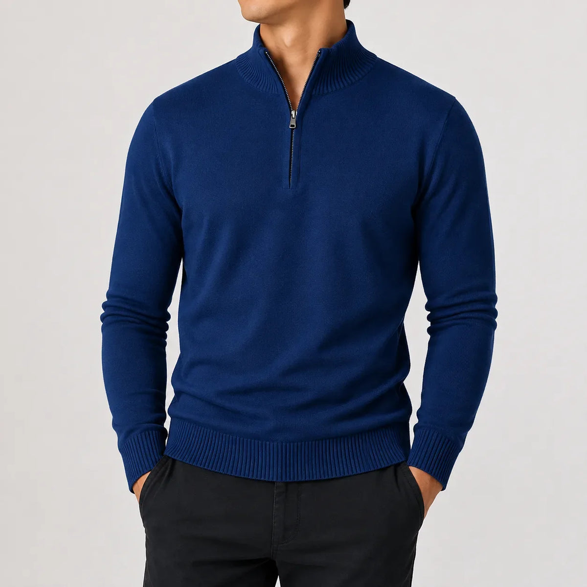 Men's long-sleeve mock neck zip-up jumper with ribbed trims