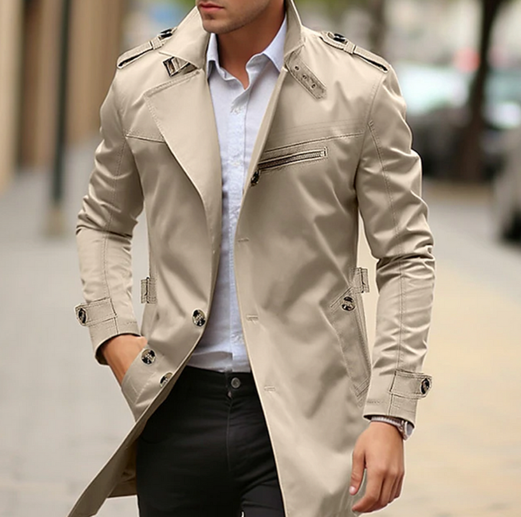 Men's long trench coat with lapel collar, shoulder epaulettes and button front