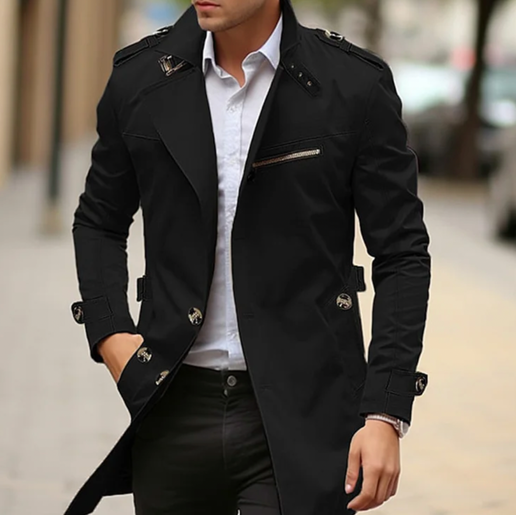 Men's long trench coat with lapel collar, shoulder epaulettes and button front