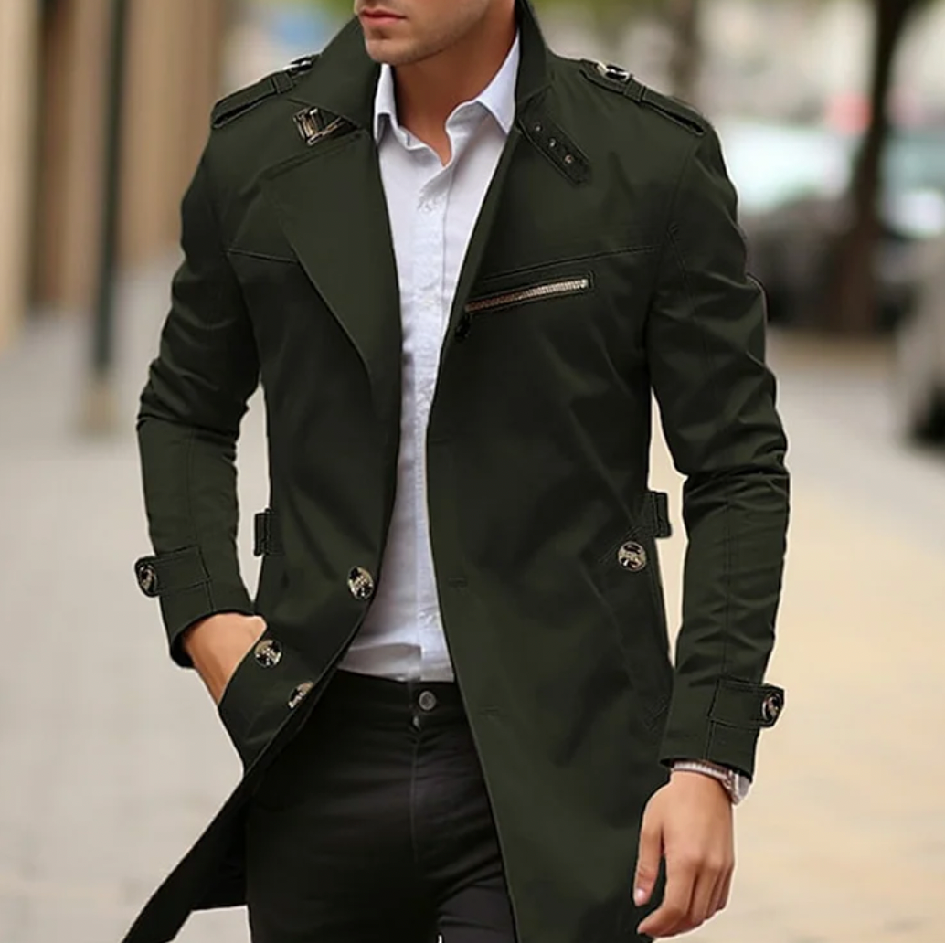 Men's long trench coat with lapel collar, shoulder epaulettes and button front