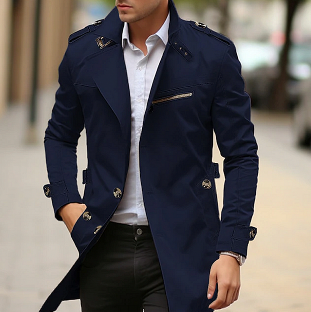 Men's long trench coat with lapel collar, shoulder epaulettes and button front