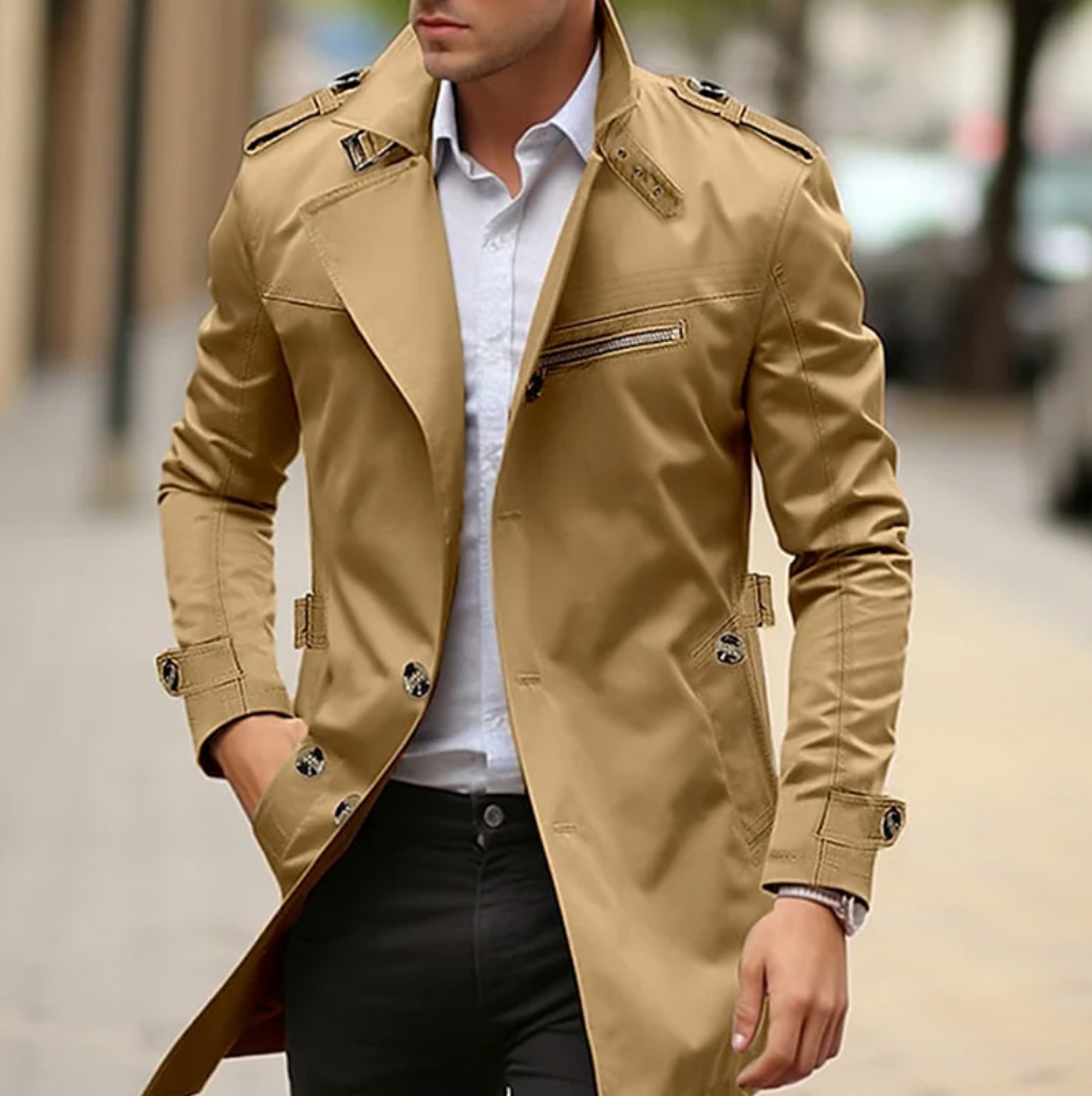 Men's long trench coat with lapel collar, shoulder epaulettes and button front