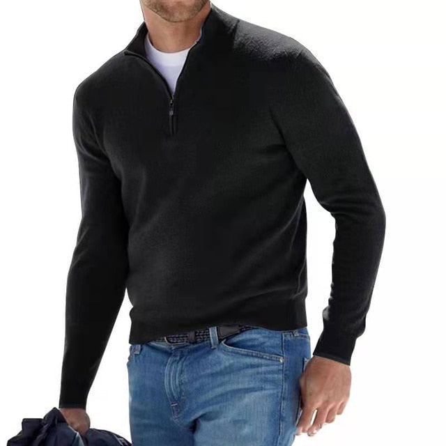Men's long-sleeve half-zip jumper with mock neck and ribbed trims