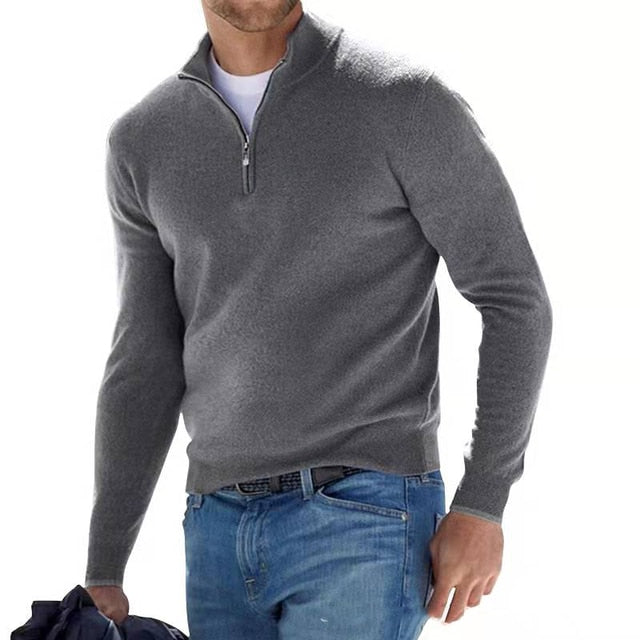 Men's plain quarter-zip jumper with high collar and long sleeves