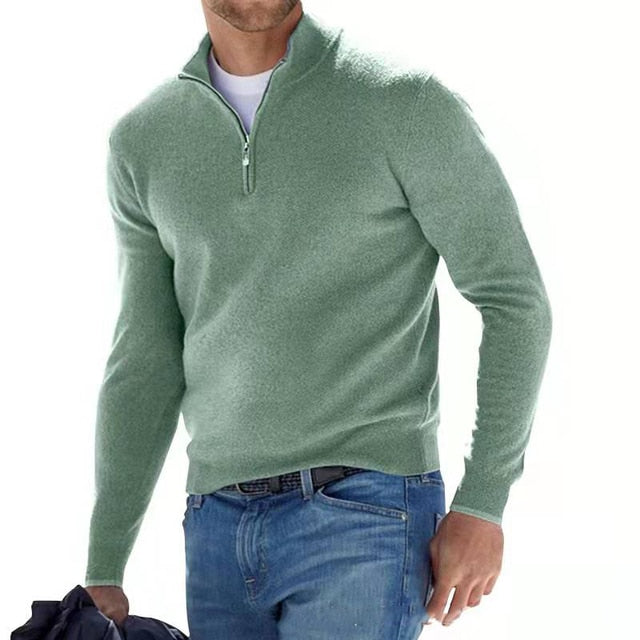 Men's plain quarter-zip jumper with high collar and long sleeves