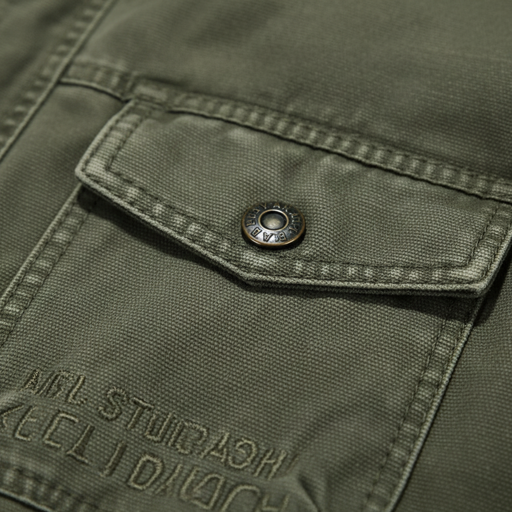Men's high-neck utility jacket with long sleeves, zip front and multiple flap pockets
