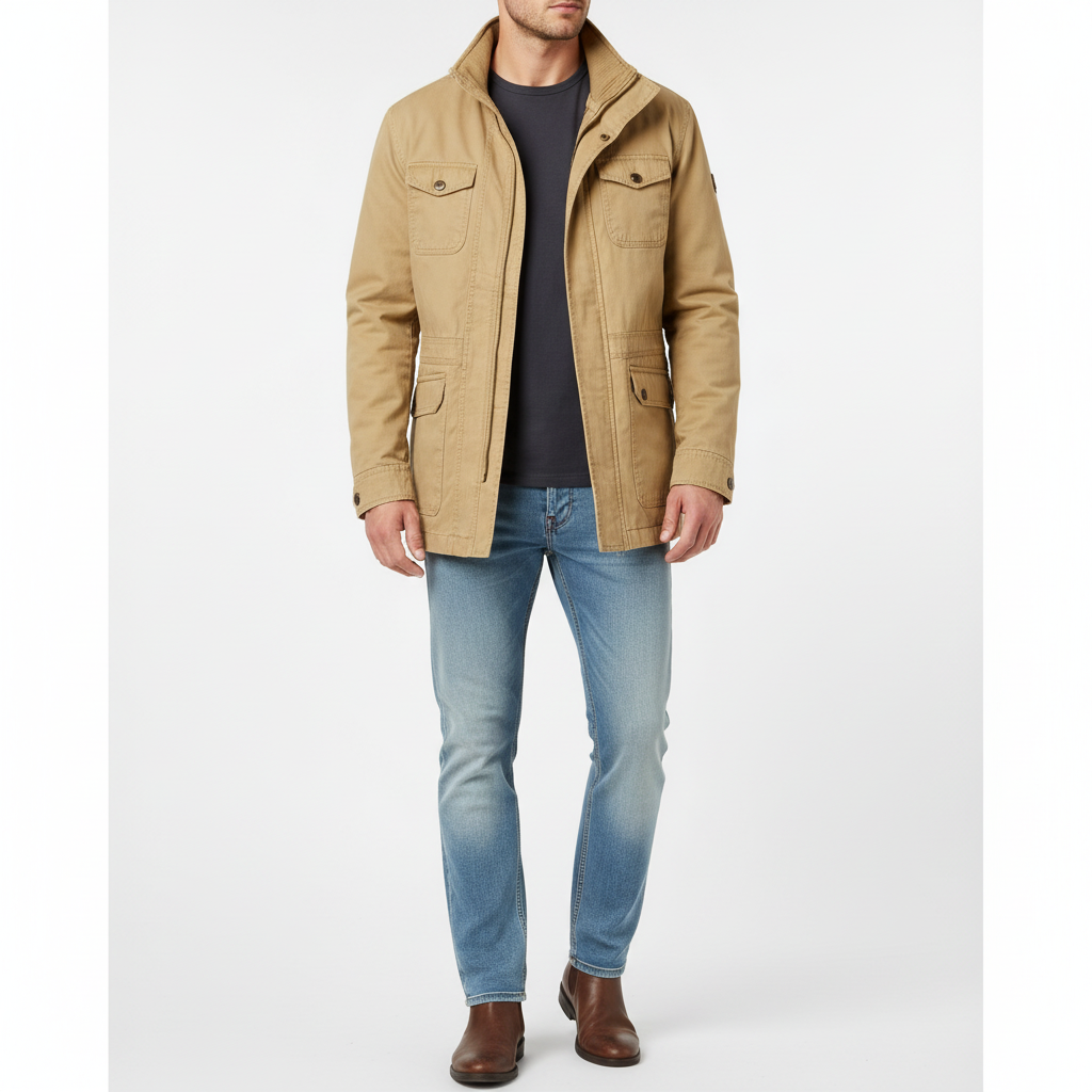 Men's high-neck utility jacket with long sleeves, zip front and multiple flap pockets