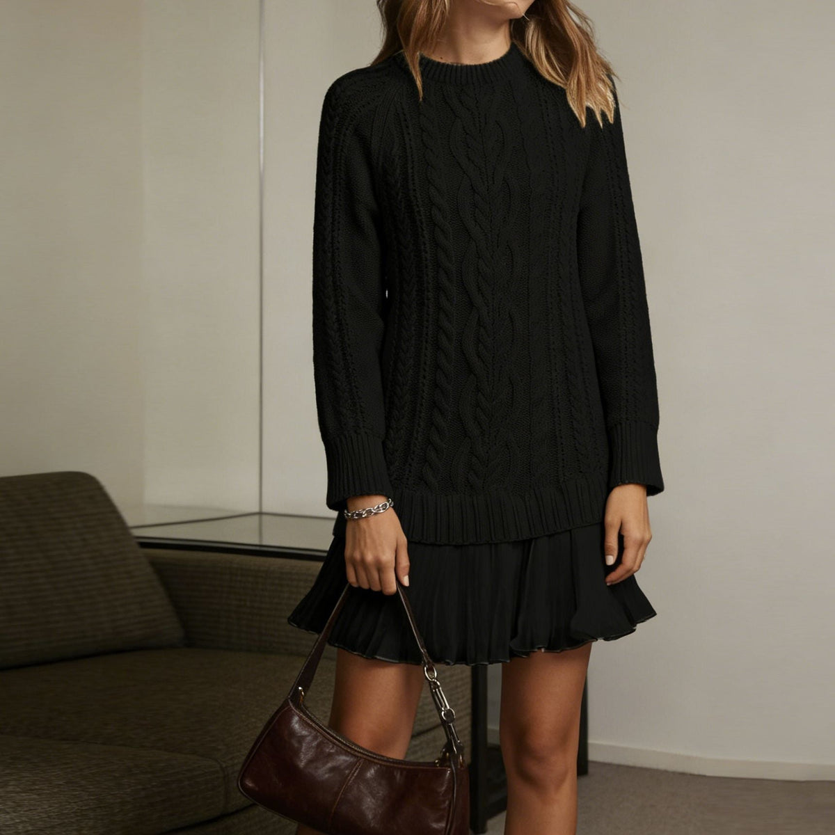 Women's cable knit mini sweater dress with crew neckline and long sleeves