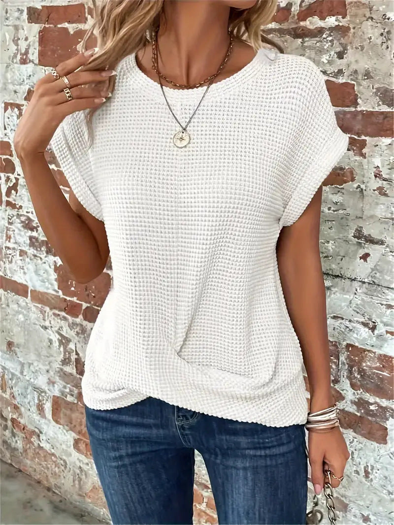 Women's short-sleeve waffle-knit top with a crew neckline and front pocket