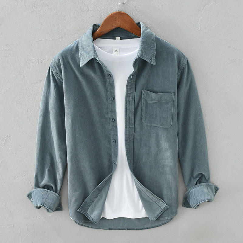 Men's corduroy shirt with pointed collar, button front, chest pocket and rolled cuffs
