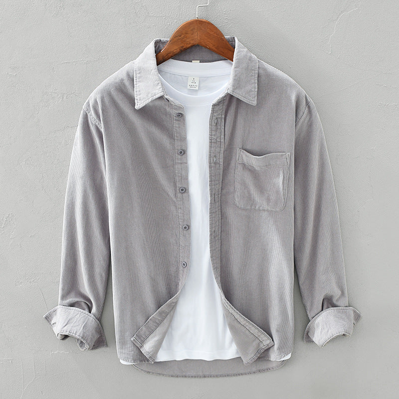 Men's corduroy shirt with pointed collar, button front, chest pocket and rolled cuffs
