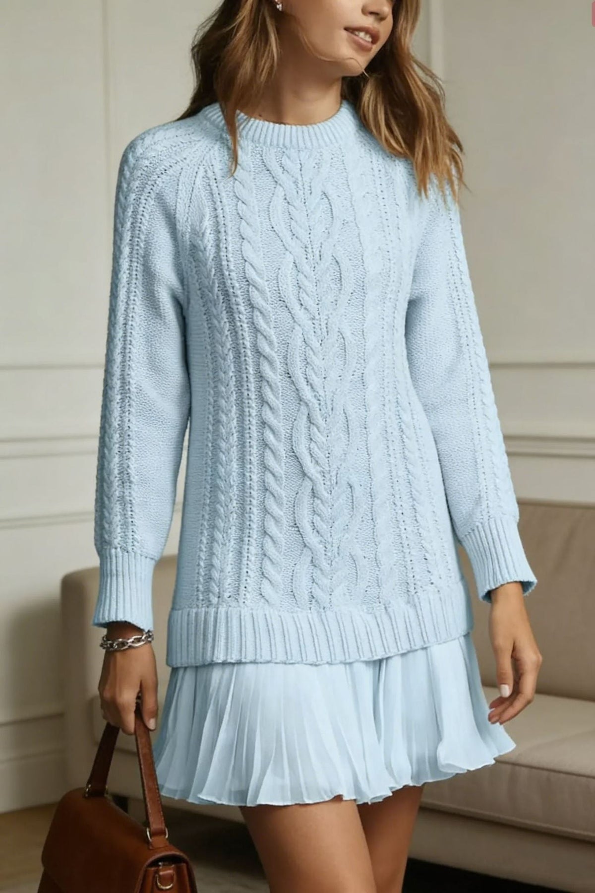 Women's cable knit mini sweater dress with crew neckline and long sleeves